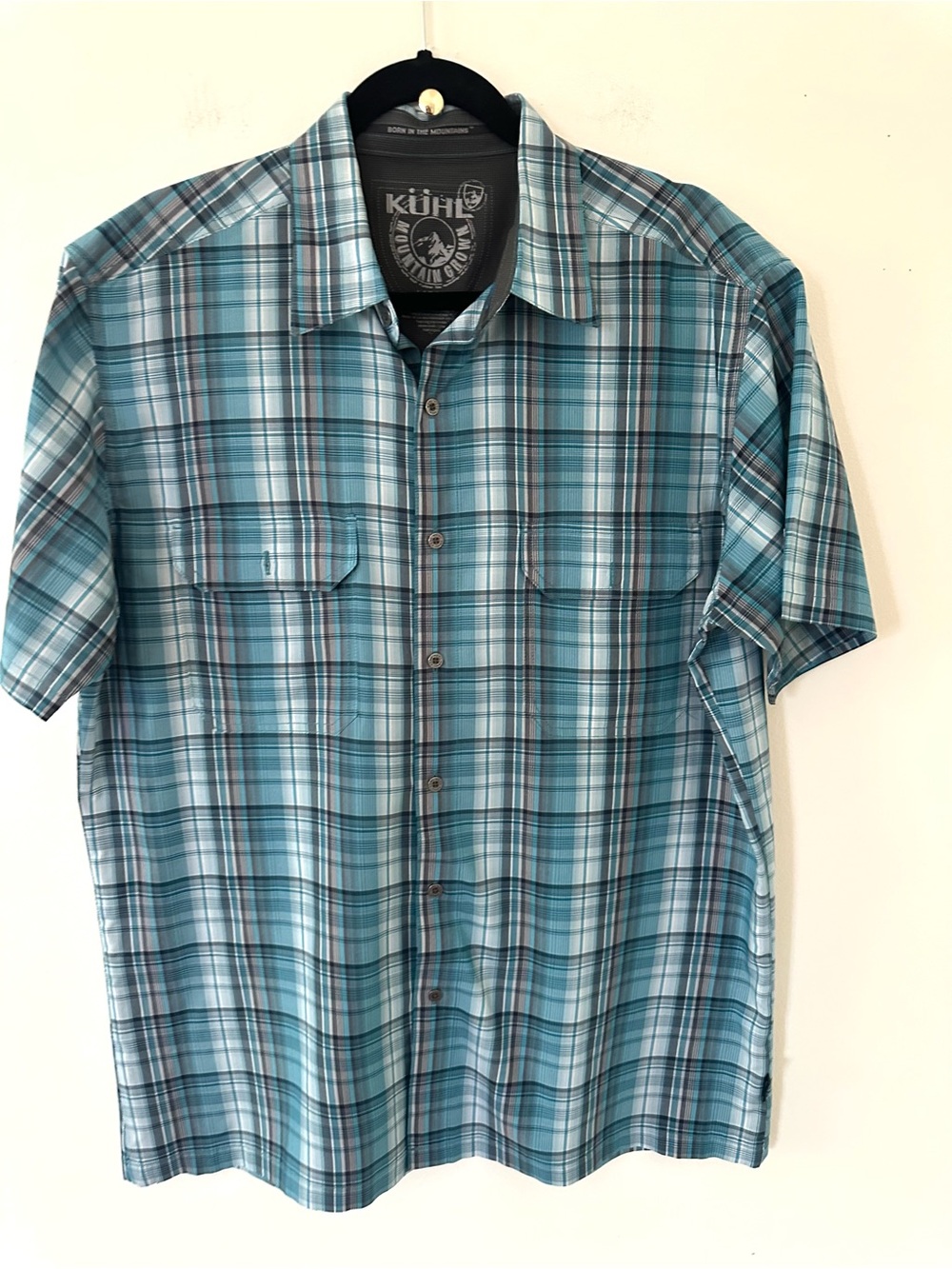 Kuhl Men's Teal and Gray Plaid Short-Sleeve Button-Down Shirt